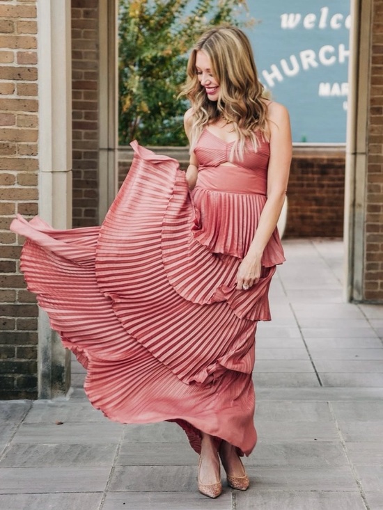 NWT Dress The Population Zahrah Tiered Pleated Rose Pink Metallic Satin Gown - Picture 4 of 10